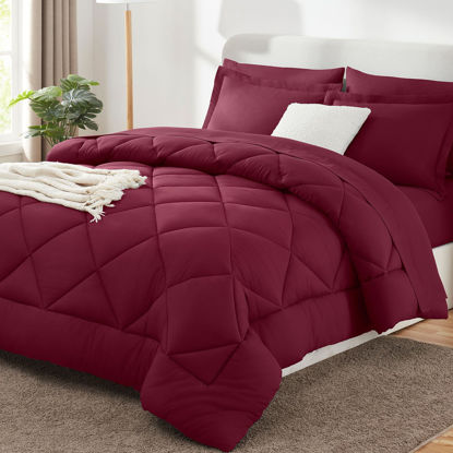 Picture of CozyLux Queen Comforter Set with Sheets 7 Pieces Bed in a Bag Burgundy All Season Bedding Sets with Comforter, Pillow Shams, Flat Sheet, Fitted Sheet and Pillowcases, Red, Queen