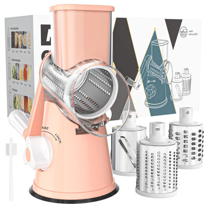 Picture of Cambom Rotary Cheese Grater Hand Crank Cheese Shredder for Fresh Cheese, Vegetable, Nuts,Non-slip Suction Base, Free Cleaning Brush Three Blades, Pink