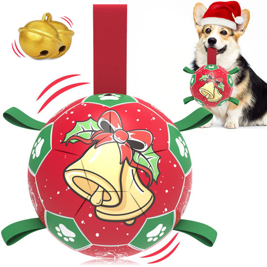 Picture of QDAN Christmas Dog Soccer Balls with Straps, Interactive Dog Toys for Tug of War, Puppy Birthday Gifts, Dog Tug Toy, Dog Water Toy, Durable Dog Balls for Medium & Large Dogs（8 Inch）