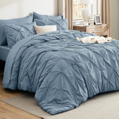 Picture of Bedsure Full Size Comforter Sets - Bedding Sets Full 7 Pieces, Pintuck Bed in a Bag Mineral Blue Bed Set with Comforter, Sheets, Pillowcases & Shams