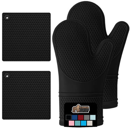 Picture of Gorilla Grip BPA-Free Soft Silicone Oven Mitts and Potholder Set of 4, Heat Resistant Hot Pads, Thick Cotton Lined Cooking Mitt, Long Gloves Protect Hands, Kitchen Waterproof Trivet Mats, 12.5" Black