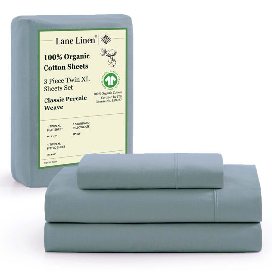 Picture of LANE LINEN 100% Organic Cotton Twin XL Sheets Set 3-Piece Pure Percale Bedsheets Soft Bedding Breathable Fits Mattress Upto 15" Deep - French Blue
