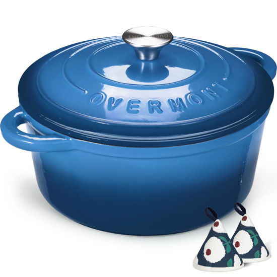 Picture of Overmont Enameled Cast Iron Dutch Oven - 7QT Pot with Lid Cookbook & Cotton Potholders - Heavy-Duty Cookware for Braising, Stews, Roasting, Bread Baking blue