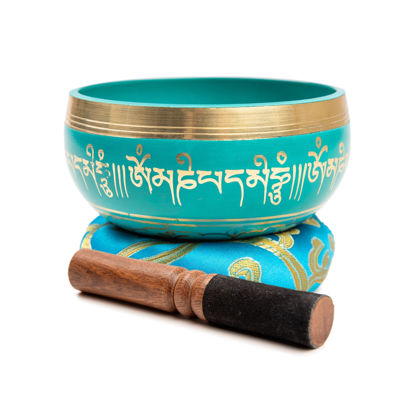 Picture of Tibetan Singing Bowl Set - 4" Easy To Play Authentic Handmade For Meditation Sound 7 Chakra Healing By HIMALAYAN BAZAAR (Turquoise Blue, 4")