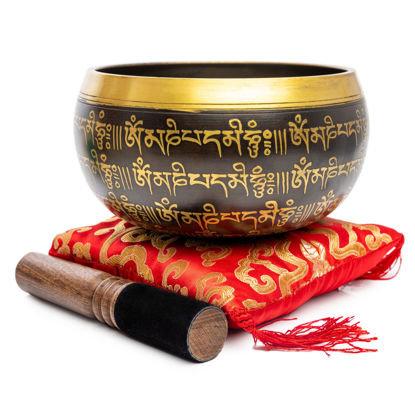 Picture of Tibetan Singing Bowl Set - 4" Easy To Play Authentic Handmade For Meditation Sound 7 Chakra Healing By Himalayan Bazaar (Black & Red)