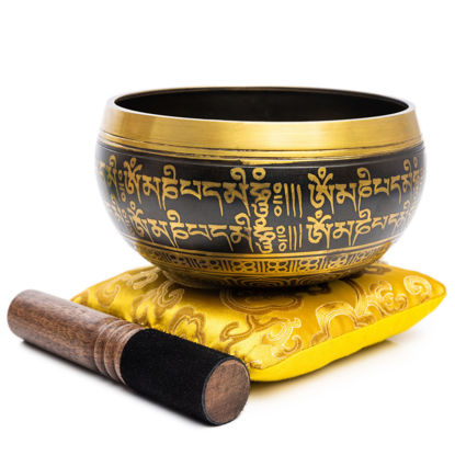 Picture of Tibetan Singing Bowl Set - Easy To Play Authentic Handcrafted For Meditation Sound Bowl Chakra Yoga Healing 4 Inches By Himalayan Bazaar (Black & Yellow)