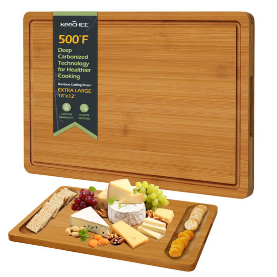 Picture of Keechee Extra Large Bamboo Cutting Board for Kitchen - 18 Inch Wood XL Cutting Boards with Juice Groove and Handles, Wooden Chopping Board for Meat, Cheese, Fruit & Vegetables (Pre Oiled, Brown)