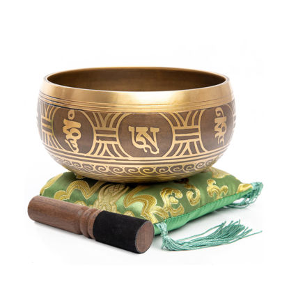 Picture of Tibetan Singing Bowl Set - Easy To Play Authentic Handcrafted For Meditation Sound Bowl Chakra Yoga Healing 4 Inches By Himalayan Bazaar (Gold & Green)