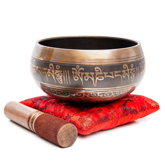 Picture of Tibetan Singing Bowl Set - 4" Easy To Play Authentic Handmade For Meditation Sound 7 Chakra Healing By Himalayan Bazaar (Brown & Red)