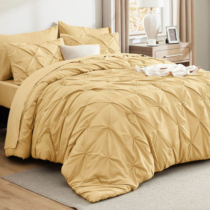 Picture of Bedsure Queen Comforter Set Yellow - Bed in a Bag Queen 7 Pieces, Pintuck Bedding Sets Gift for Christmas, Pinch Pleat Bed Set with Queen Size Comforter, Sheets, Pillowcases & Shams