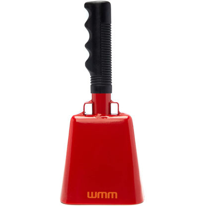 Picture of WMM 10 Inch Cow Bell Noise Makers Cowbell for Sporting Event Cheering Bell for Football Games Large Steel Cowbell with Handle Solid School Bells Call Bell Alarm (Red)