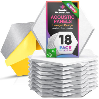 Picture of Self-Adhesive 18 Pack Hexagon Acoustic Panels, 14" X 12" X 0.4" High Density Sound Absorbing Panels, Beveled Edge Sound Proof Treatment Tiles for Walls, Studio, Door, Home, Office (White)