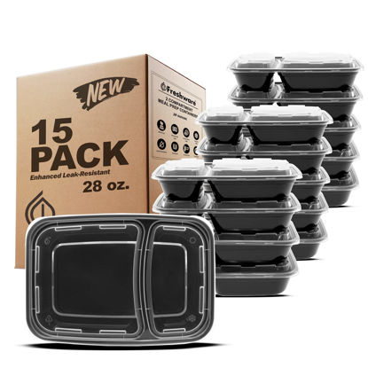 Picture of Freshware Meal Prep Containers [15 Pack] 2 Compartment with Lids, Food Storage Containers, Bento Box, BPA Free, Stackable, Microwave/Dishwasher/Freezer Safe (28 oz)