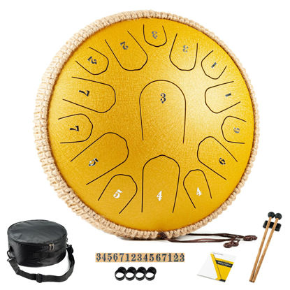 Picture of HOPWELL Steel Tongue Drum - 13 Inches 15 Notes Tongue Drum - Hand Pan Drum with Music Book, Drum Mallets and Carry Bag, D Major (Yellow)