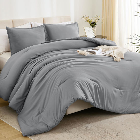Picture of Litanika Comforters Medium Gray Full Size, 3 Pieces Lightweight Solid Bedding Set & Collections, All Season Fluffy Bed Set (79x90In Comforter & 2 Pillowcases)