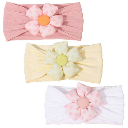Picture of MIUXUESO 3 Pcs Baby Flower Headbands Baby Girls Nylon Headbands Soft Hairbands Hair Accessories for Newborn Infant Toddler Kids (Yellow Pink White)