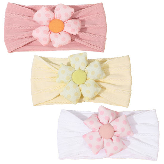Picture of MIUXUESO 3 Pcs Baby Flower Headbands Baby Girls Nylon Headbands Soft Hairbands Hair Accessories for Newborn Infant Toddler Kids (Yellow Pink White)