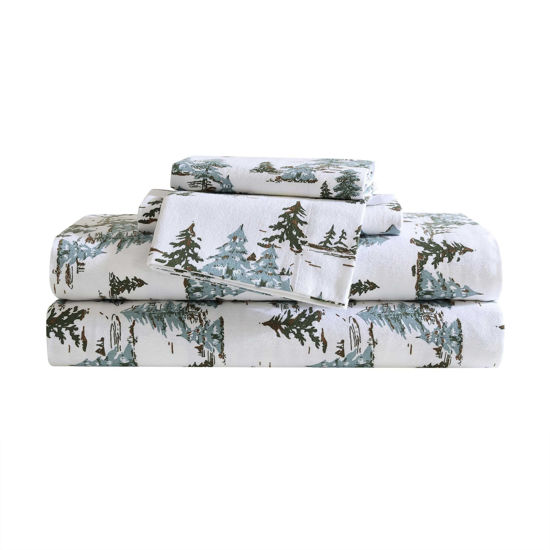 Picture of Eddie Bauer - Twin Sheets, Cotton Flannel Bedding Set, Brushed for Extra Softness, Cozy Home Decor, Oeko-Tex Certified (Snowy Pine Trees Green, Twin)