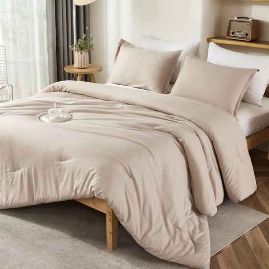 Picture of Litanika Khaki Comforter Set Queen Size, 3 Pieces Solid Bedding Comforter Set, All Season Down Alternative Bed Set (90x90In Comforter & 2 Pillowcases)