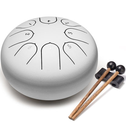 Picture of Lronbird Alloy Steel Tongue Drum 6 Inch 8 Notes Hand Drums with Bag Sticks Music Book, Sound Healing Instruments for Musical Education Entertainment Meditation Yoga Zen Gifts (White)