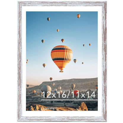 Picture of JCJMY 12x16 Picture Frame Rustic White with 11x14 Mat, Display Photo 11x14 with Mat or 12 x 16 Without Mat, Wall Hanging Large Frame with Plexiglass, Rustic White