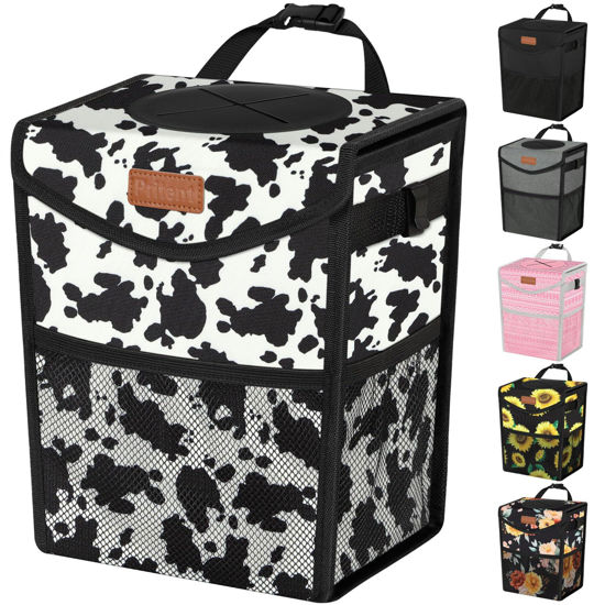 Picture of Pritent Car Trash Can with Lid, Cute Leakproof Car Trash Garbage Bag Hanging Vehicle Trash Bin Small Portable Automotive Garbage Cans Organizer for Back/Front Seat/Console(Trapezoid,Cow Print)