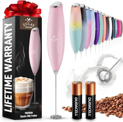 Picture of Zulay Kitchen Milk Frother Wand (2 Duracell Batteries Included) - Handheld Milk Frother - Easy-Clean Milk Frother Wand & Drink Mixer - Electric Coffee Frother for Frappe, Matcha - Cotton Candy Pink