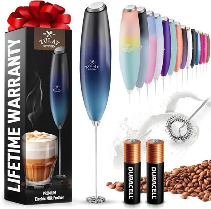 Picture of Zulay Kitchen Milk Frother Wand (2 Duracell Batteries Included), Handheld Milk Frother - Easy-Clean Milk Frother & Drink Mixer - Electric Coffee Frother for Frappe, Matcha - Black/Dark Blue/Teal Blend