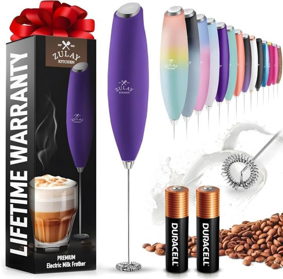 Picture of Zulay Kitchen Milk Frother Wand (2 Duracell Batteries Included) - Handheld Milk Frother - Easy-Clean Milk Frother Wand & Drink Mixer - Electric Coffee Frother for Frappe, Matcha - Deep Purple