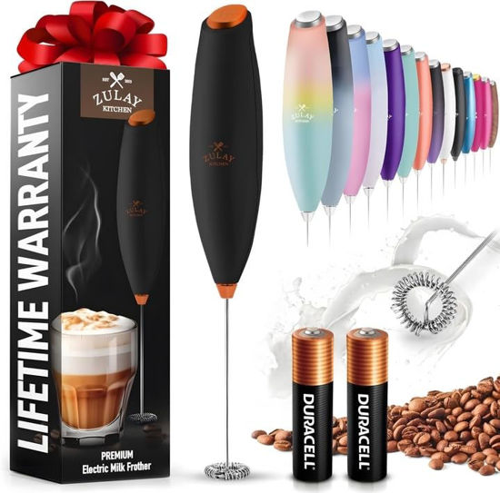 Picture of Zulay Kitchen Milk Frother Wand (2 Duracell Batteries Included) - Handheld Milk Frother - Easy-Clean Milk Frother Wand & Drink Mixer - Electric Coffee Frother for Frappe, Matcha - Exec Black/Copper