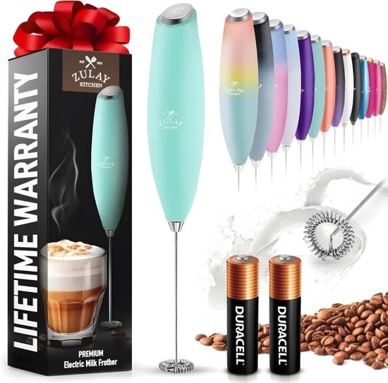 Picture of Zulay Kitchen Milk Frother Wand (2 Duracell Batteries Included) - Handheld Milk Frother - Easy-Clean Milk Frother Wand & Drink Mixer - Electric Coffee Frother for Frappe, Matcha - Fresh Mint
