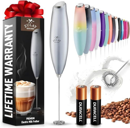 Picture of Zulay Kitchen Milk Frother Wand (2 Duracell Batteries Included) - Handheld Milk Frother - Easy-Clean Milk Frother Wand & Drink Mixer - Electric Coffee Frother for Frappe, Matcha - Silver