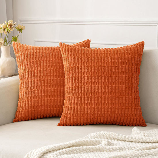 Picture of MIULEE Pack of 2 Decorative Orange Throw Pillow Covers 18x18 Inch Soft Boho Striped Corduroy Pillow Covers Modern Farmhouse Fall Home Decor for Sofa Living Room Couch Bed