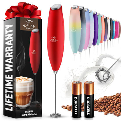 Picture of Zulay Kitchen Milk Frother Wand Drink Mixer with AA Duracell Batteries- Durable Handheld Milk Frother Electric Whisk - Easy-Clean Milk Frother Wand & Mini Blender - Electric Coffee Frother - Red