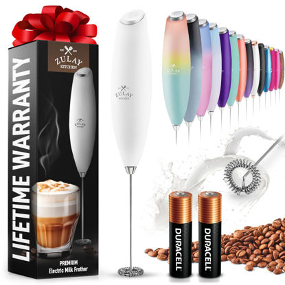 Picture of Zulay Kitchen Milk Frother Wand Drink Mixer with AA Duracell Batteries- Durable Handheld Milk Frother Electric Whisk - Easy-Clean Milk Frother Wand & Mini Blender - Electric Coffee Frother - White