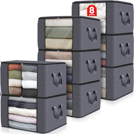 Picture of Fab totes 8 Pack Clothes Storage, Foldable Thick Fabric Blanket Storage Bags, Storage Containers for Organizing Bedroom, Closet, Clothing, Comforter, Organization and Storage with Handle,Grey