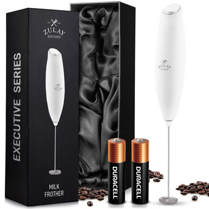 Picture of Zulay Kitchen Milk Frother Wand (2 Duracell Batteries Included) - Handheld Milk Frother - Easy-Clean Milk Frother Wand & Drink Mixer - Electric Coffee Frother for Frappe, Matcha - Exec White/White