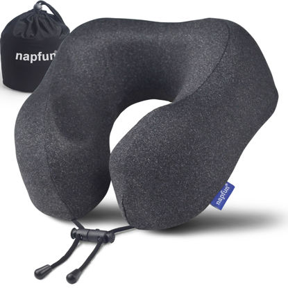 Picture of napfun Travel Pillow, Travel Accessories & Travel Essentials for Airplane Upgraded 100% Pure Memory Foam Travel Neck Pillow for Flight Headrest Sleep, Portable Plane Necessities, Full Black