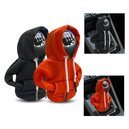 Picture of 2PCS Car Gear Shift Cover, Winter Warm Fashionable Hoodie Car Shift Knob, Auto Decor Interior Accessories Shift Knob for Car, SUV, Truck (Black&Orange)