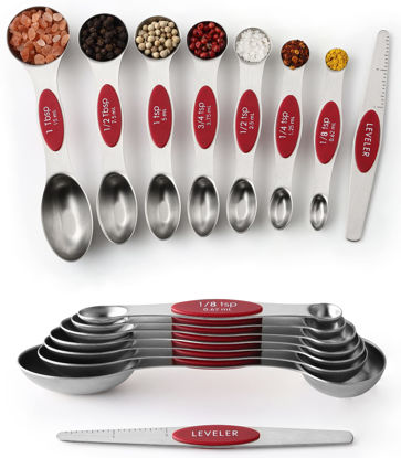 Picture of Spring Chef Red Stainless Steel Magnetic Measuring Spoons Set of 8 with Leveler, Metal Teaspoon & Tablespoon Measuring Spoons with Strong Magnets, Kitchen Gadgets for Baking & Cooking - Set of 2