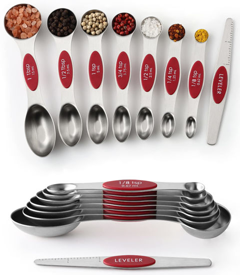 Picture of Spring Chef Red Stainless Steel Magnetic Measuring Spoons Set of 8 with Leveler, Metal Teaspoon & Tablespoon Measuring Spoons with Strong Magnets, Kitchen Gadgets for Baking & Cooking - Set of 2