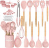 Picture of Umite Chef Silicone Kitchen Utensils Set, 33 Piece Non-Stick Kitchen Utensils with Stand, Wooden Handle, Pink