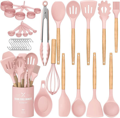Picture of Umite Chef Silicone Kitchen Utensils Set, 33 Piece Non-Stick Kitchen Utensils with Stand, Wooden Handle, Pink
