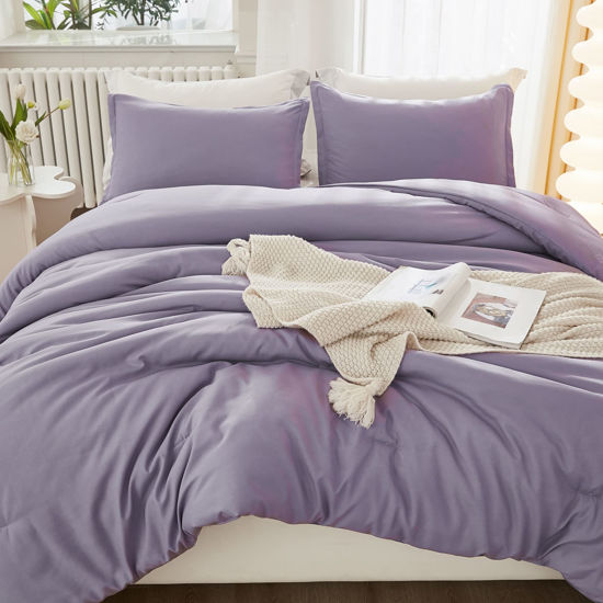 Picture of Litanika Grayish Lavender Purple Comforter Set Queen Size, 3 Pieces Lightweight Solid Bedding Comforter Set, All Season Fluffy Bed Set (90x90In Comforter & 2 Pillowcases)