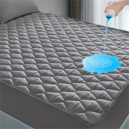 Picture of Lunsing Full Size Mattress Protector - Waterproof, Breathable, Quilted, 6-16 Inches Deep Pocket, Grey