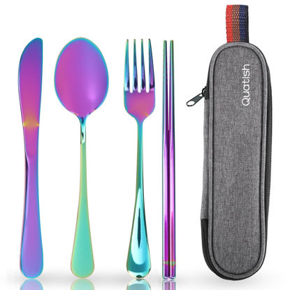 Picture of Travel Utensils with Case, Quatish Portable Silverware Set for Work, Stainless Steel Reusable Travel Cutlery Set, Fork and Spoon Set for Camping, Picnic, Gadgets, Lunch Box for Men, Rainbow