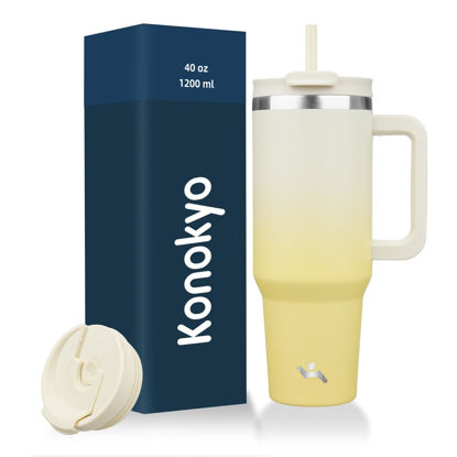 Picture of Konokyo 40 oz Tumbler with Handle and 2 Straws,2 in 1 Lid Insulated Water Bottle Stainless Steel Travel Coffee Mug,Lemon