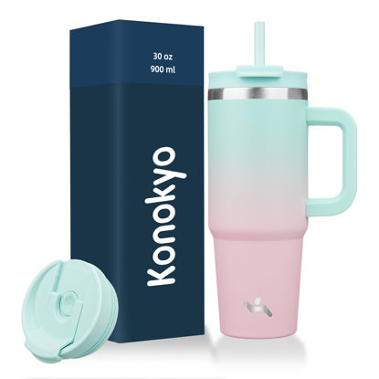 Picture of Konokyo 30 oz Tumbler with Handle and 2 Straws,2 in 1 Lid Insulated Water Bottle Stainless Steel Travel Coffee Mug,Gum
