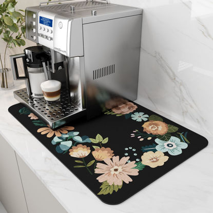 Picture of AMOAMI-Coffee Mat Hide Stain Rubber Backed Absorbent Dish Drying Mat for Kitchen Counter-Coffee Bar Accessories Fit Under Coffee Maker Coffee Machine Espresso Machine Dish Rack Floral BLACK 12X19