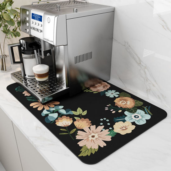 Picture of AMOAMI-Coffee Mat Hide Stain Rubber Backed Absorbent Dish Drying Mat for Kitchen Counter-Coffee Bar Accessories Fit Under Coffee Maker Coffee Machine Espresso Machine Dish Rack Floral BLACK 12X19